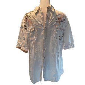 Franky Max Men’s White Graphic Button Down Short Sleeve Shirt Size Large